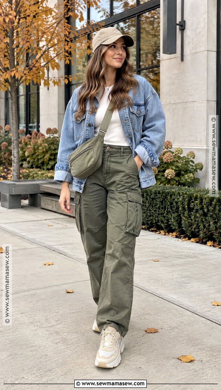 Denim Jacket With Cargo Pants And Chunky Sneakers - 20 fall denim jacket outfit ideas
