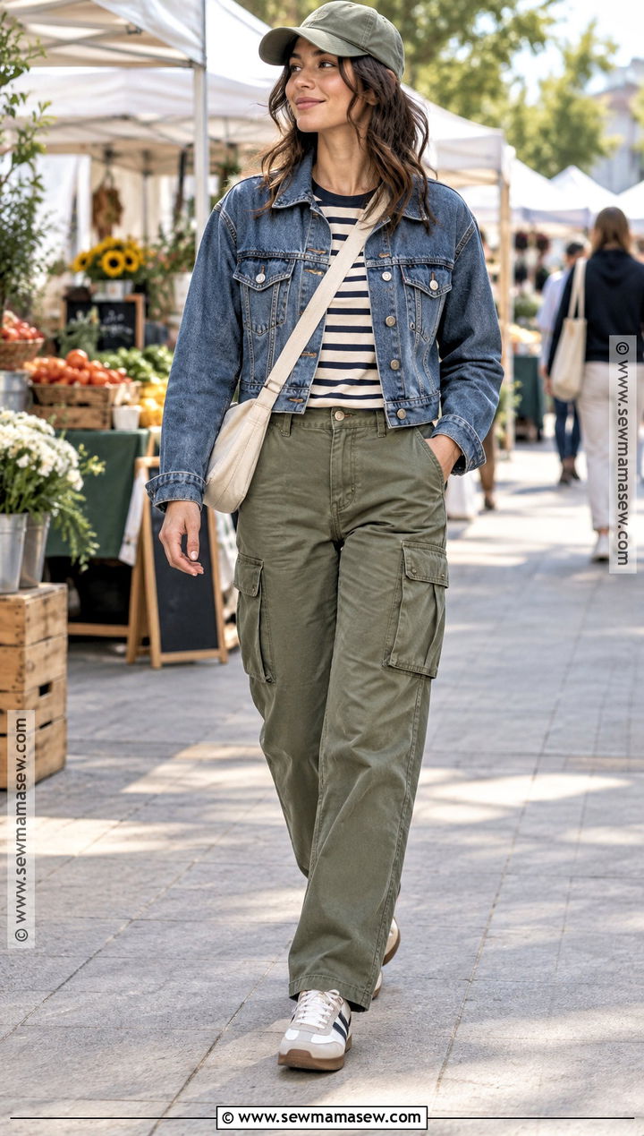 Denim Jacket With Cargo Pants And Striped T Shirt - 25 denim jacket outfit fall ideas