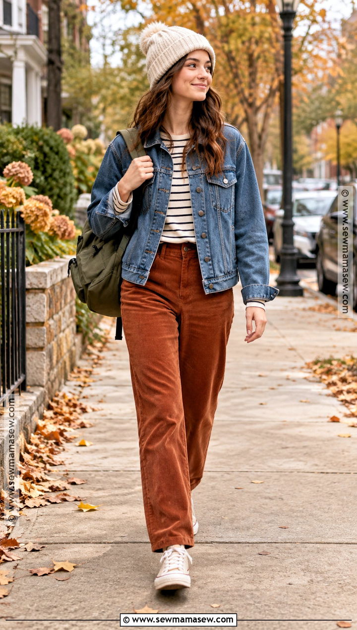 Denim Jacket With Corduroy Pants Fall Outfit - 15 fall clothes for girls