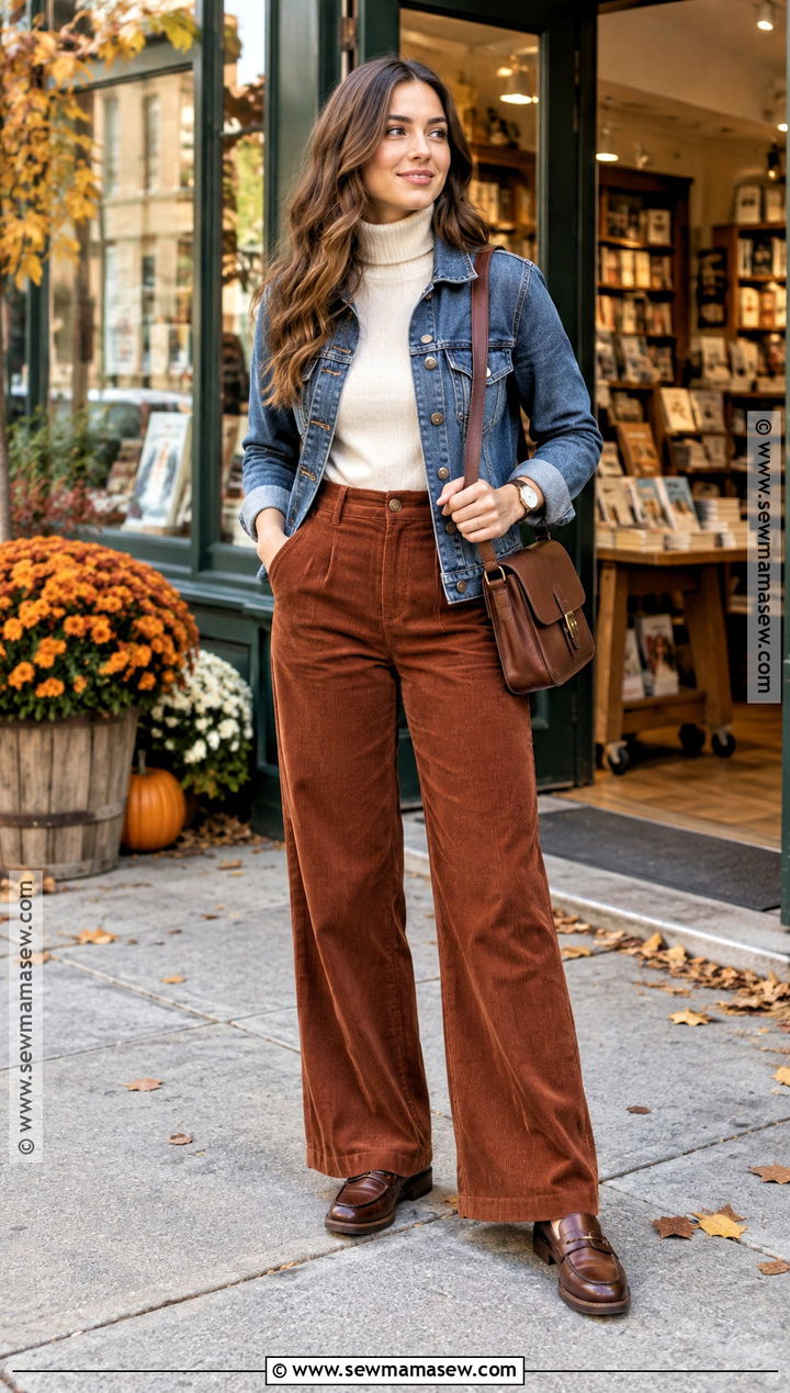 Denim Jacket With Corduroy Trousers And Turtleneck - 25 denim jacket outfit fall ideas