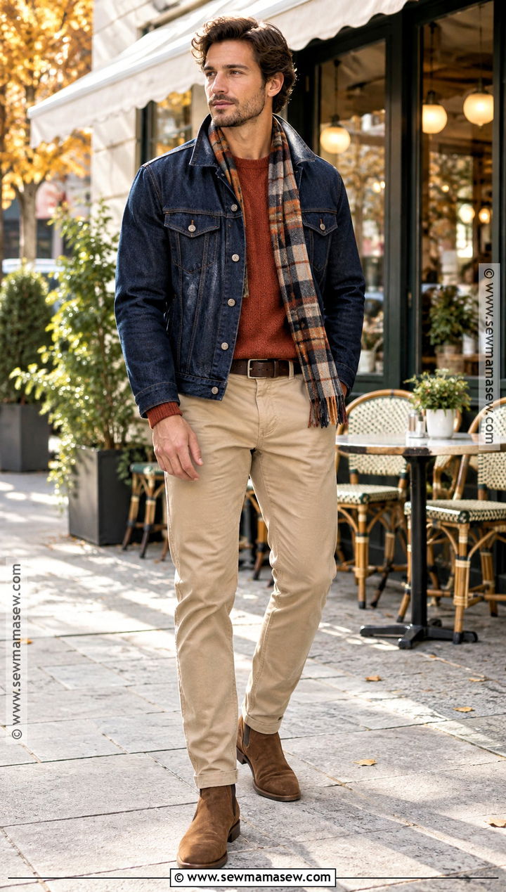 Denim Jacket With Crewneck Sweater And Chinos - 20 autumn male outfit ideas