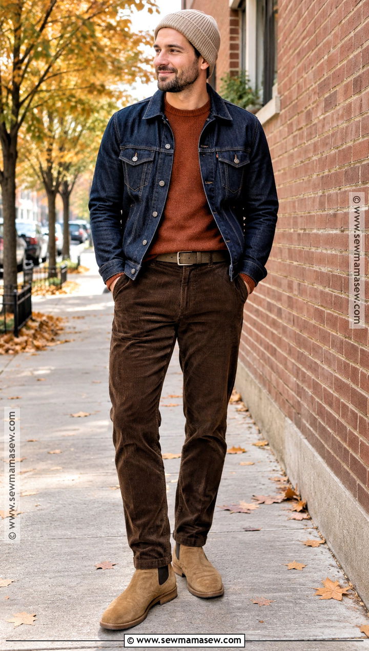 Denim Jacket With Crewneck Sweater And Corduroy Pants - 15 Male Outfits Autumn
