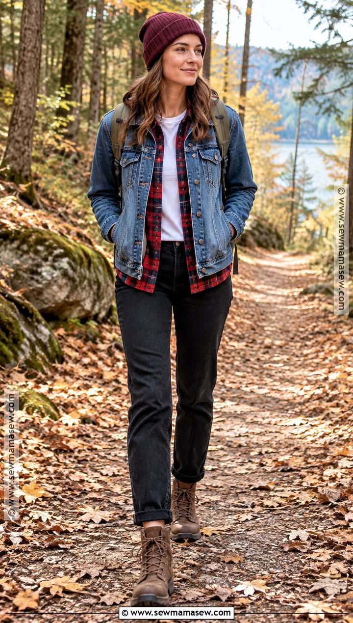 Denim Jacket With Flannel Shirt And Black Jeans Outfit - 25 fall and winter outfits