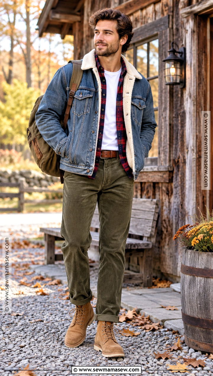 Denim Jacket With Flannel Shirt And Corduroy Pants - 20 fall winter outfits for men