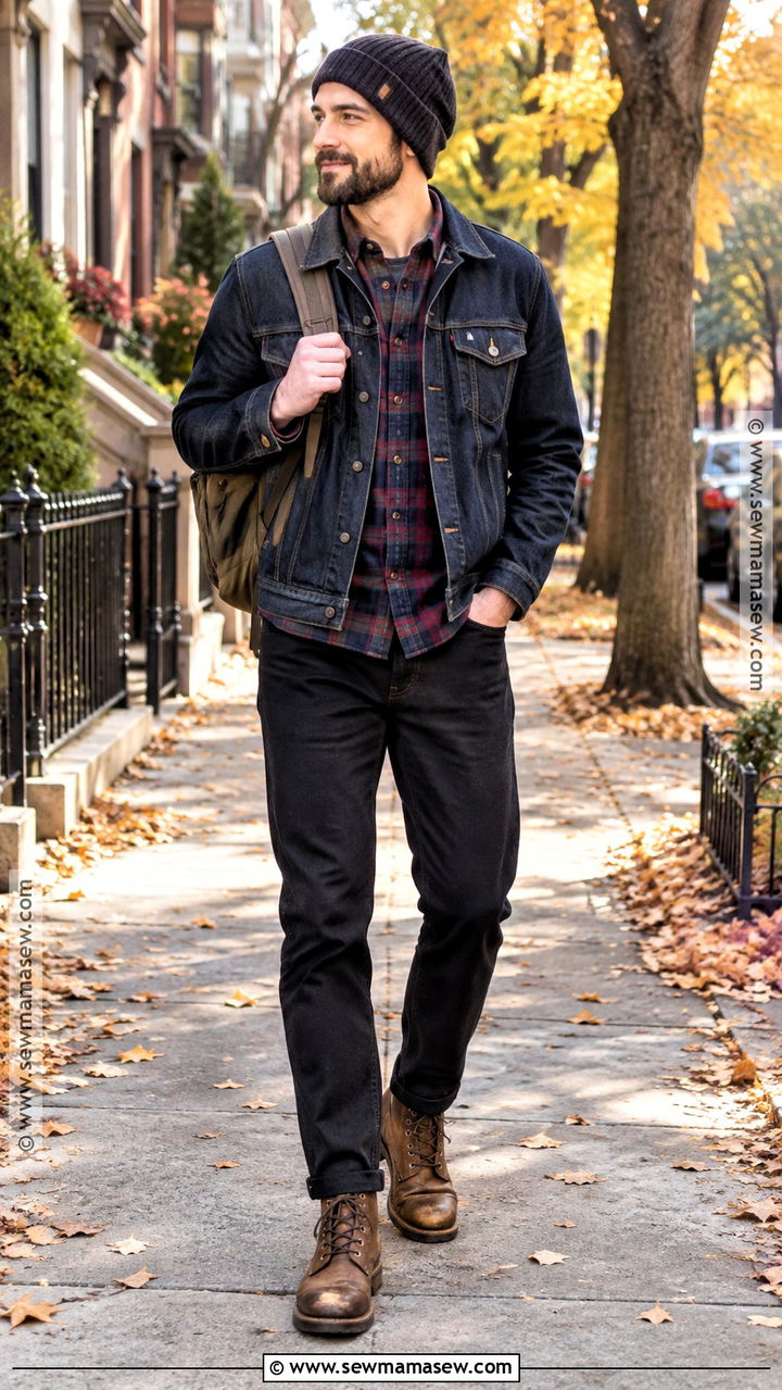 Denim Jacket With Flannel Shirt and Black Jeans - 20 fit inspo men autumn ideas