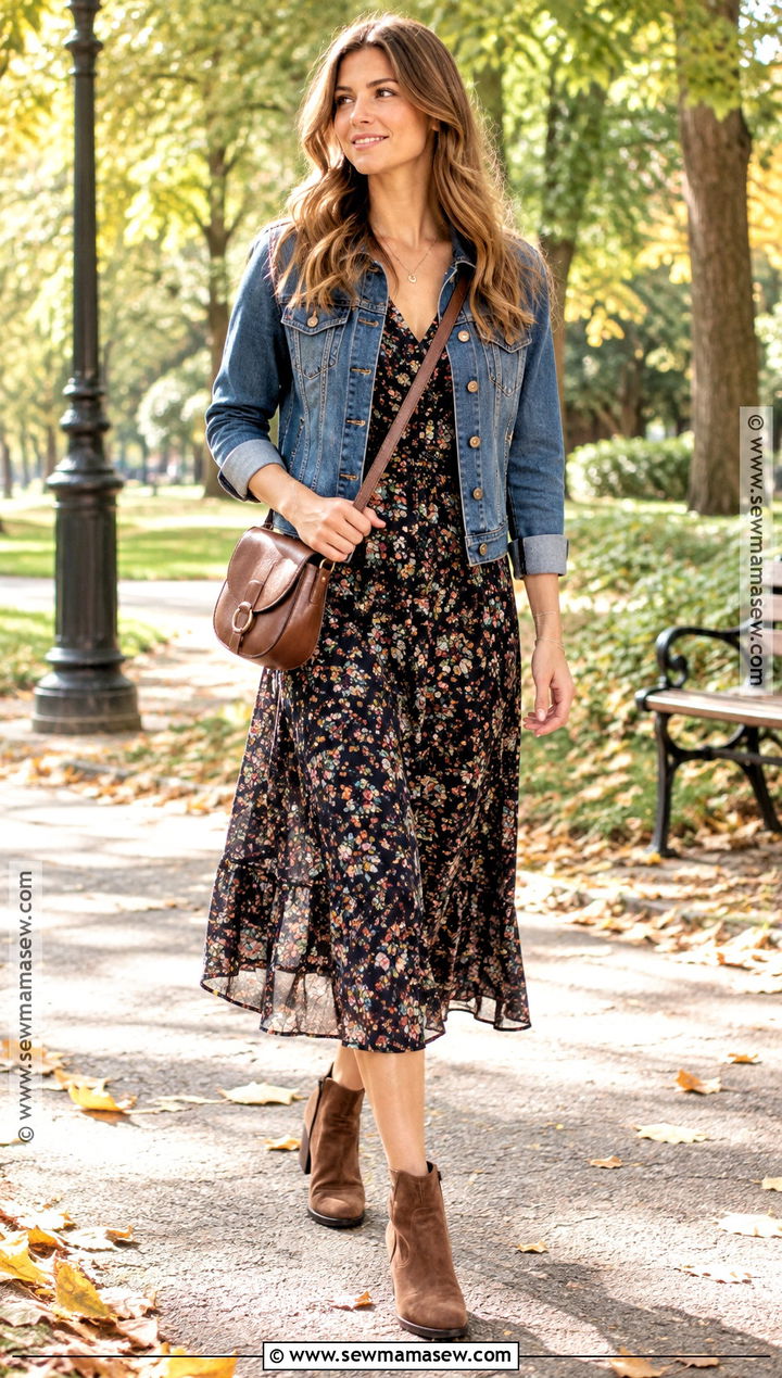 Denim Jacket With Floral Midi Dress And Ankle Boots - 25 fall attire ideas