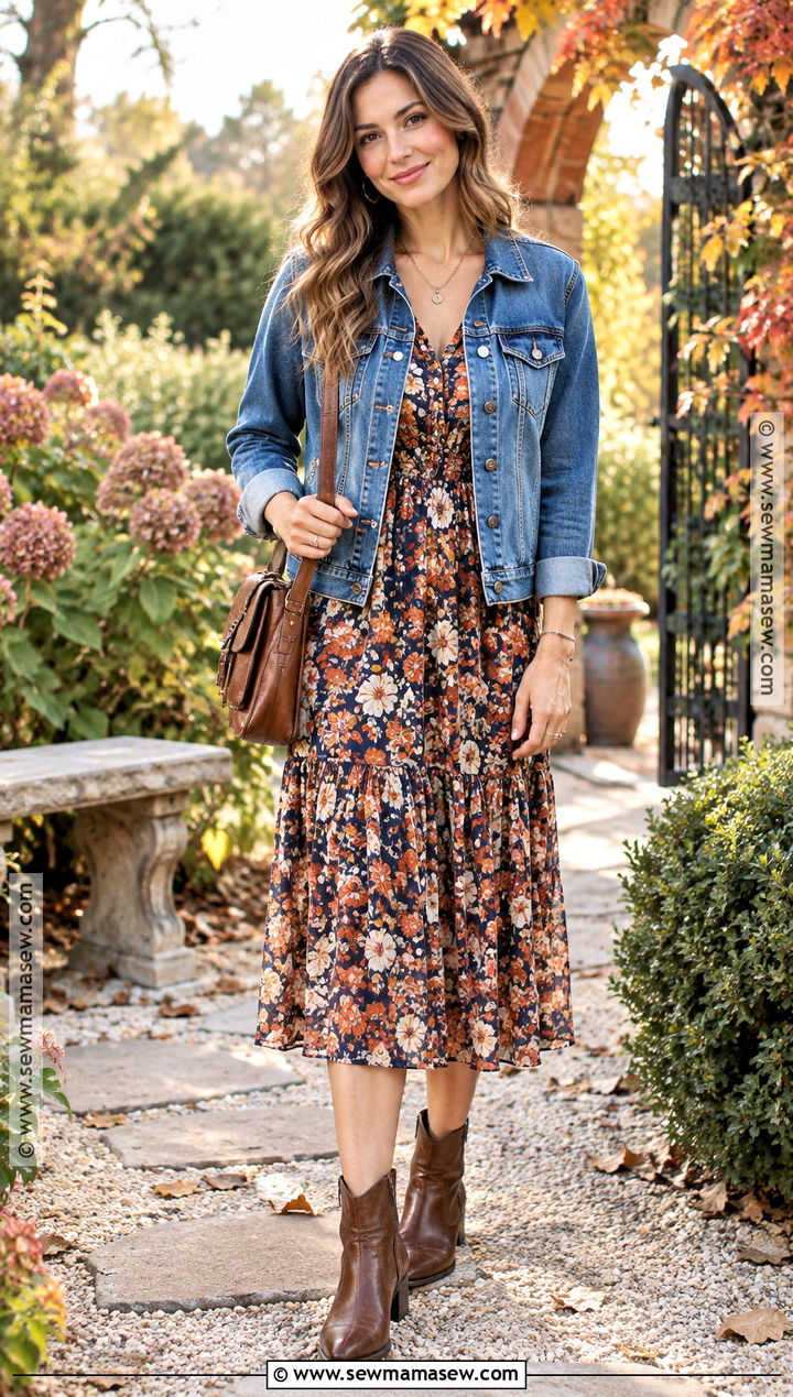 Denim Jacket With Floral Midi Dress And Boots - 20 fall denim jacket outfit ideas