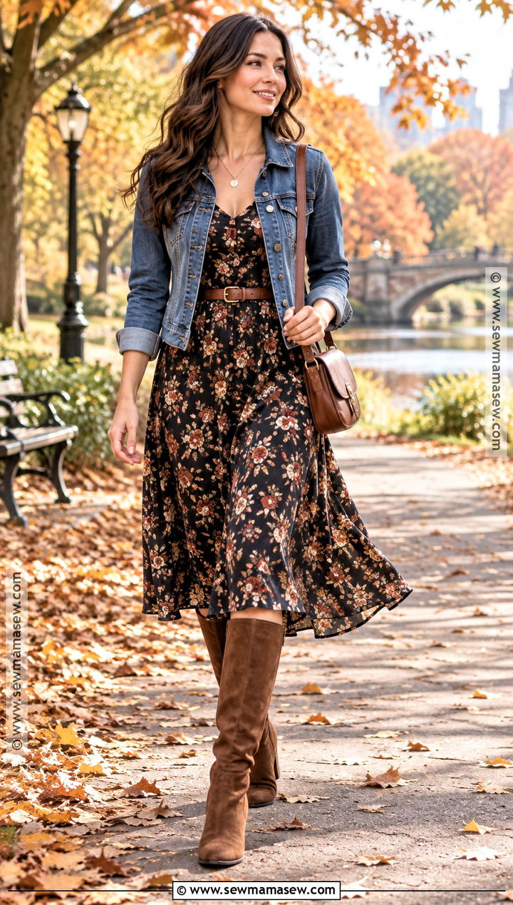 Denim Jacket With Floral Midi Dress And Knee High Boots - 25 denim jacket outfit fall ideas