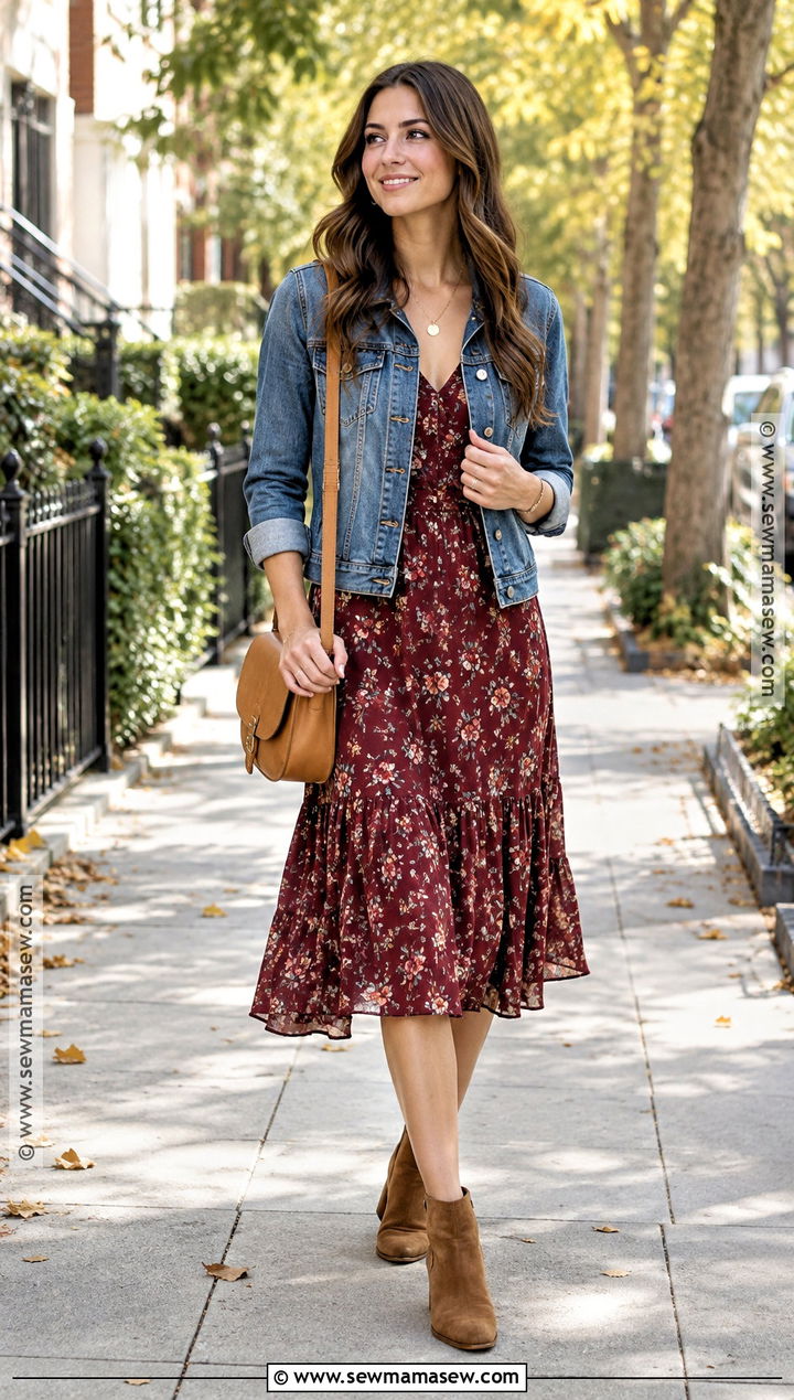 Denim Jacket With Floral Midi Dress - 15 fall denim jacket ideas