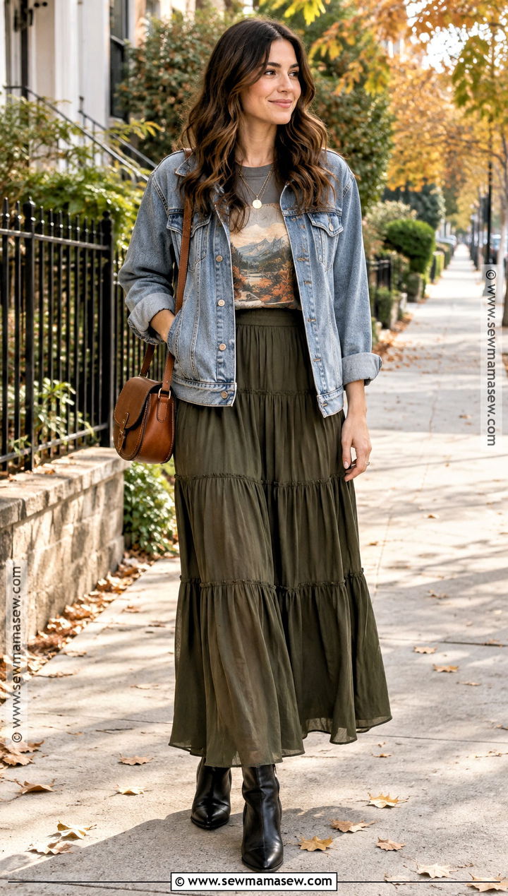 Denim Jacket With Graphic T Shirt And Maxi Skirt - 20 fall denim jacket outfit ideas