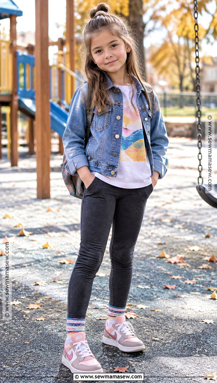 Denim Jacket With Graphic Tee And Leggings - 20 fall kids outfits