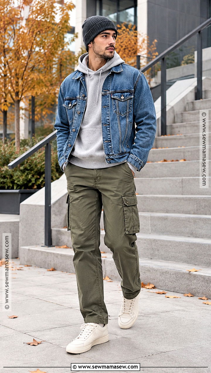 Denim Jacket With Gray Hoodie - 15 fall photoshoot men outfits