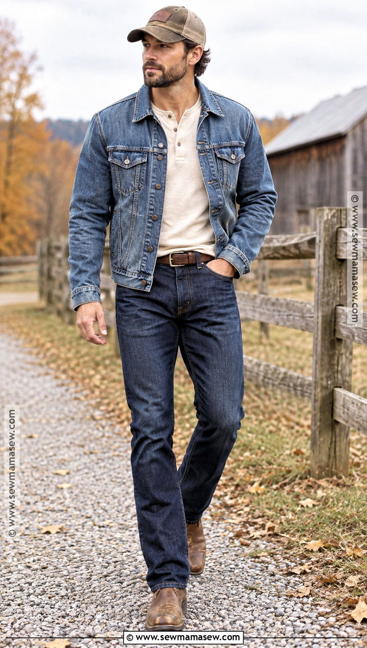 Denim Jacket With Henley And Cowboy Boots - 15 country fall outfits for men