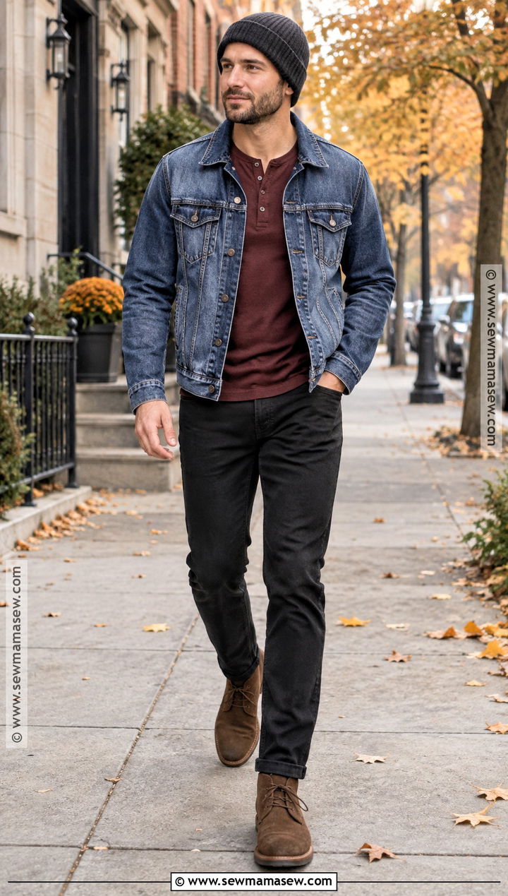 Denim Jacket With Henley and Black Jeans - 15 chill fall outfits for men