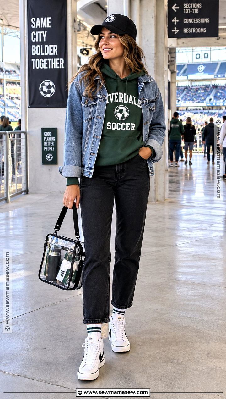 Denim Jacket With Hoodie And Black Jeans - 15 fall soccer game outfit ideas