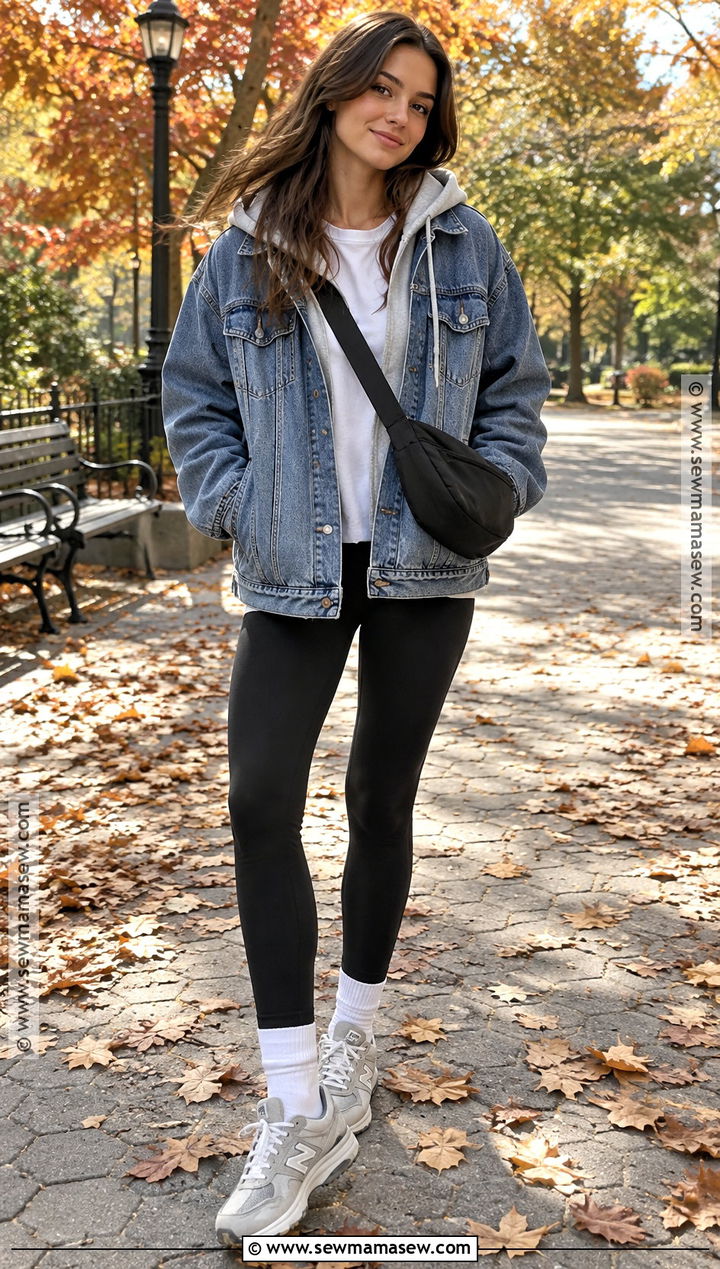 Denim Jacket With Hoodie And Black Leggings - 25 autumn layering outfit ideas