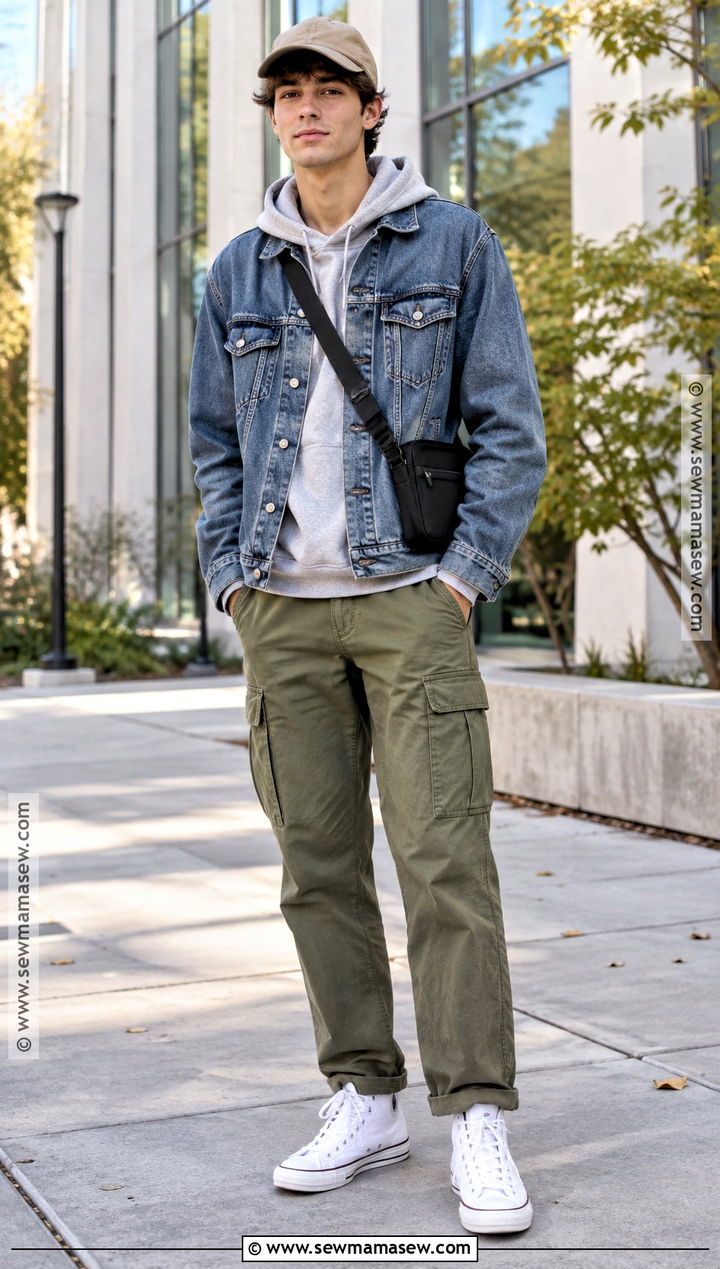 Denim Jacket With Hoodie And Cargo Pants - 20 Mens Fall Style Ideas