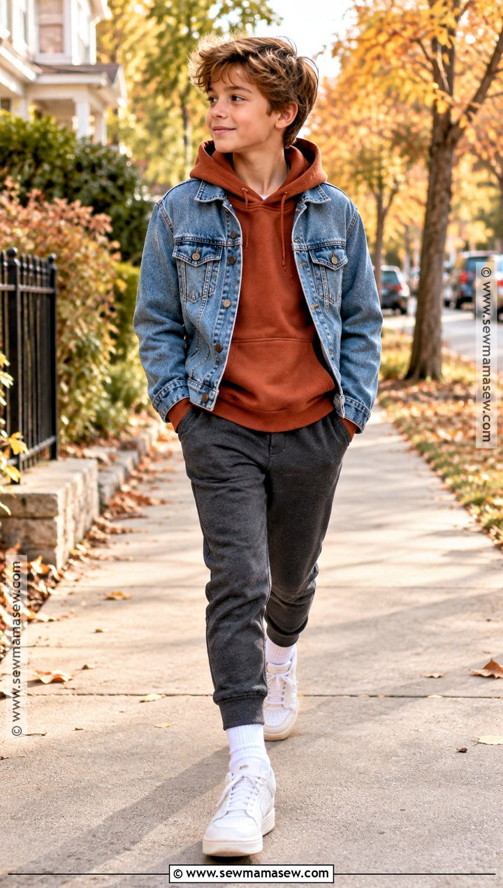 Denim Jacket With Hoodie And Joggers - 25 Boy Fall Outfits