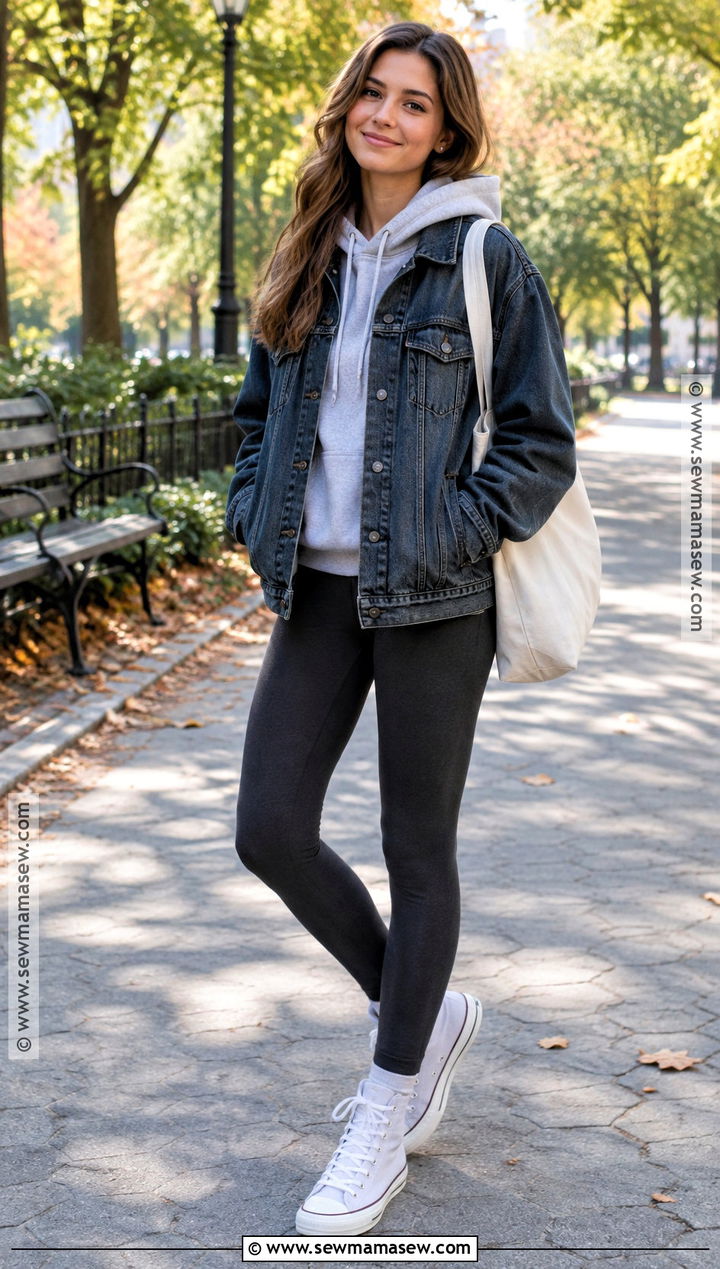 Denim Jacket With Hoodie And Leggings - 15 casual autumn outfits leggings