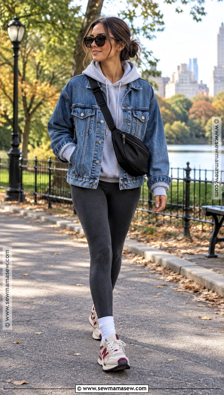 Denim Jacket With Hoodie Leggings And Retro Sneakers - 15 leggings sneakers outfit fall