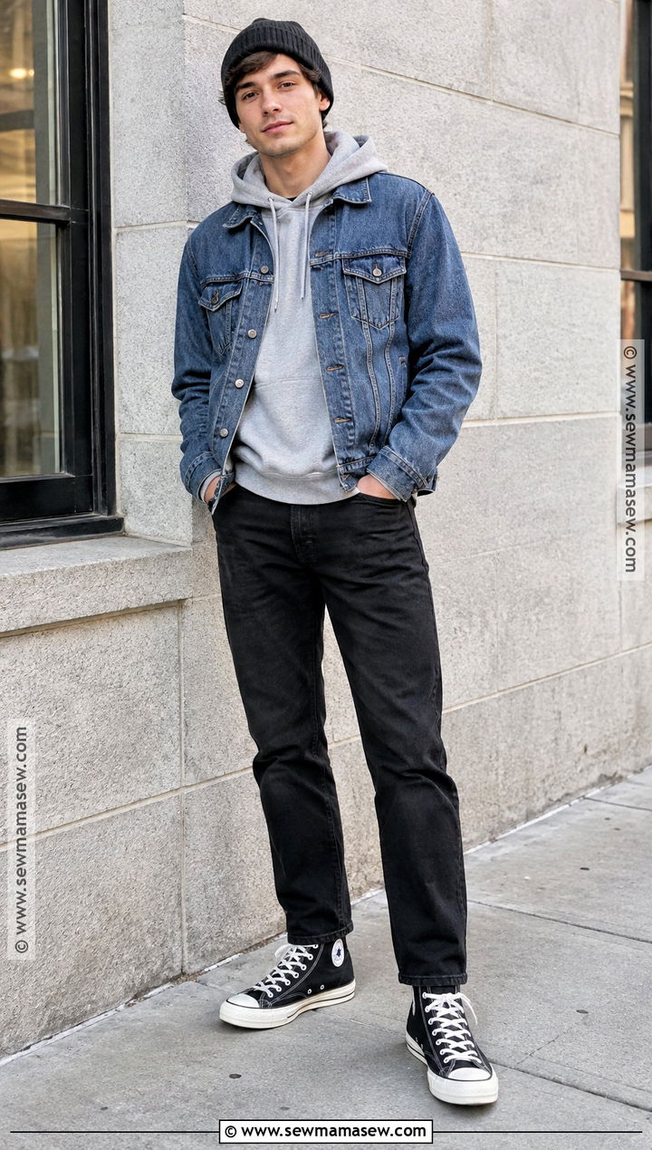 Denim Jacket With Hoodie and Black Jeans - 20 fall outfits for men casual
