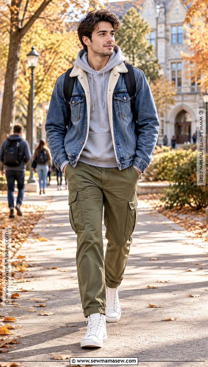 Denim Jacket With Hoodie and Cargo Pants - 15 fall jackets outfit for men