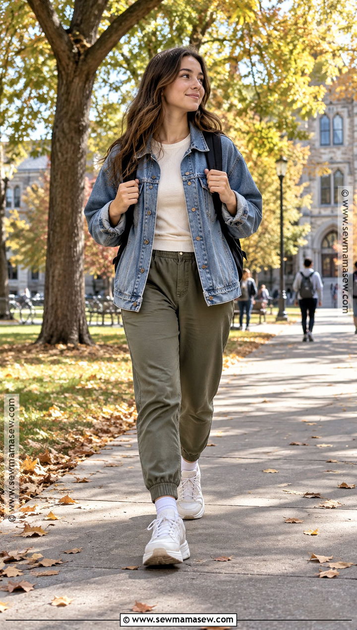 Denim Jacket With Joggers And Chunky Sneakers - 15 fall outfits college comfy
