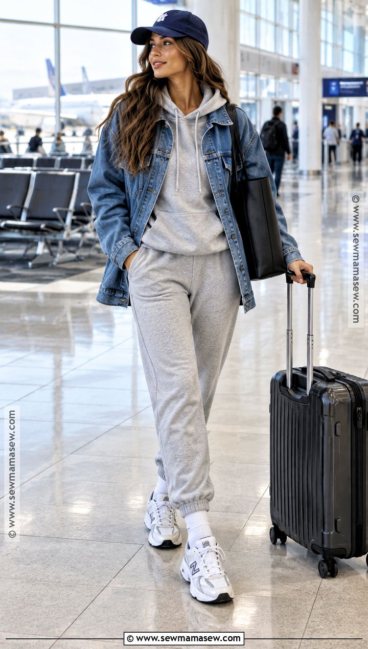 Denim Jacket With Joggers Hoodie And Chunky Sneakers - 25 denim jacket outfit fall ideas