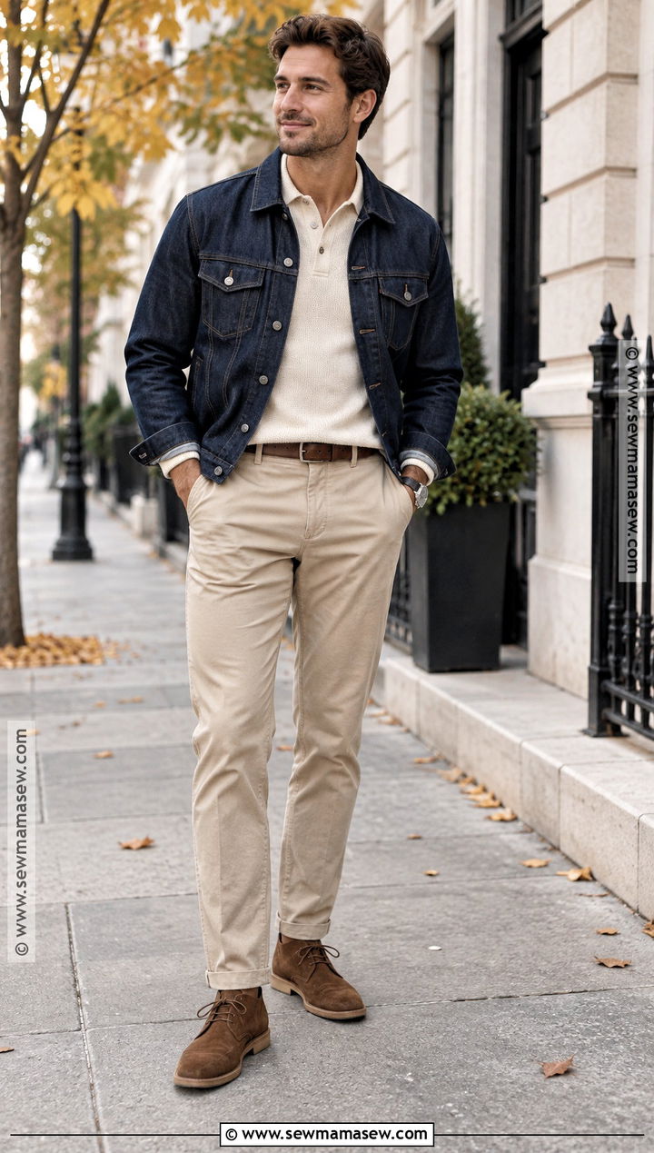 Denim Jacket With Knit Polo And Chinos - 15 engagement photos outfits men fall