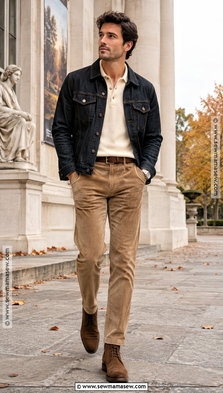 Denim Jacket With Knit Polo And Corduroy Pants - 20 mens outfits autumn