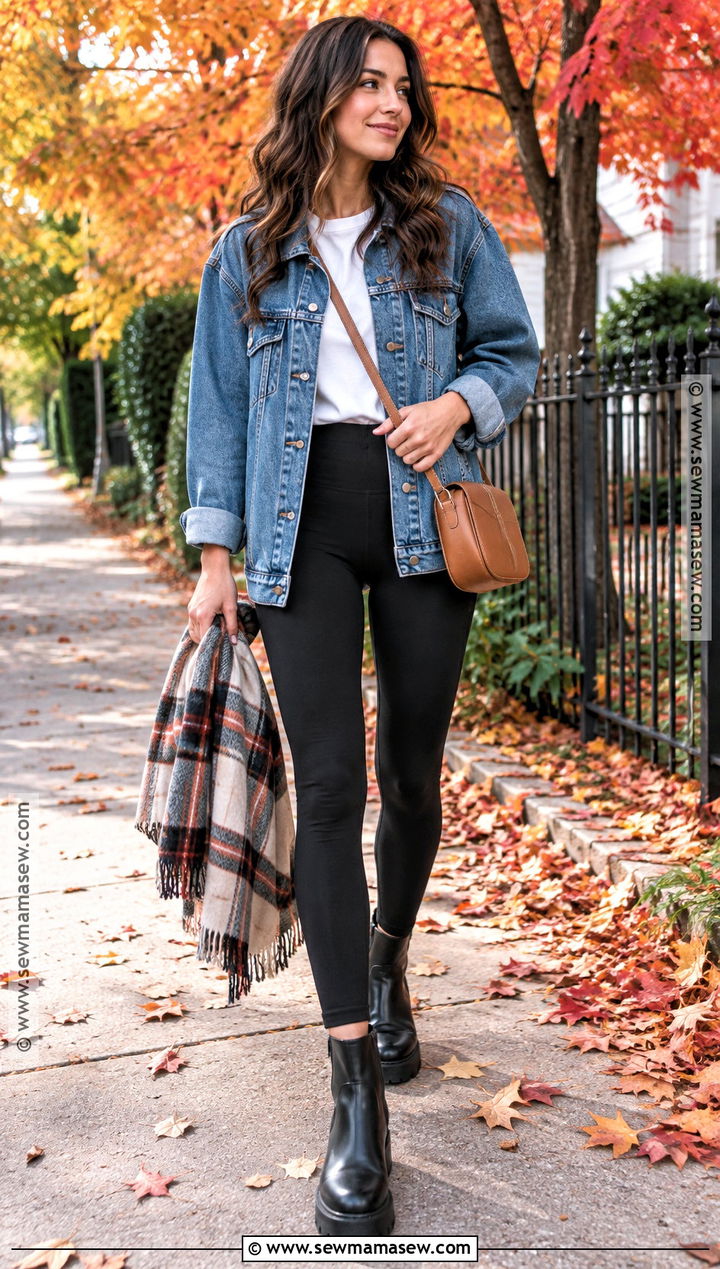 Denim Jacket With Leggings And Ankle Boots - 15 fall outfits 2026 leggings