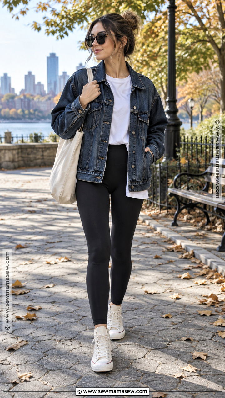 Denim Jacket With Leggings And High Top Sneakers - 20 Fall Outfit With Leggings