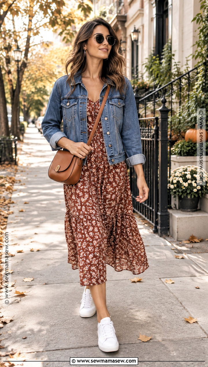 Denim Jacket With Midi Dress And Sneakers - 25 fall outfits ideas