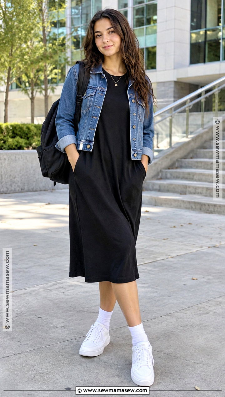 Denim Jacket With Midi Dress And Sneakers - 20 basic back to school outfits