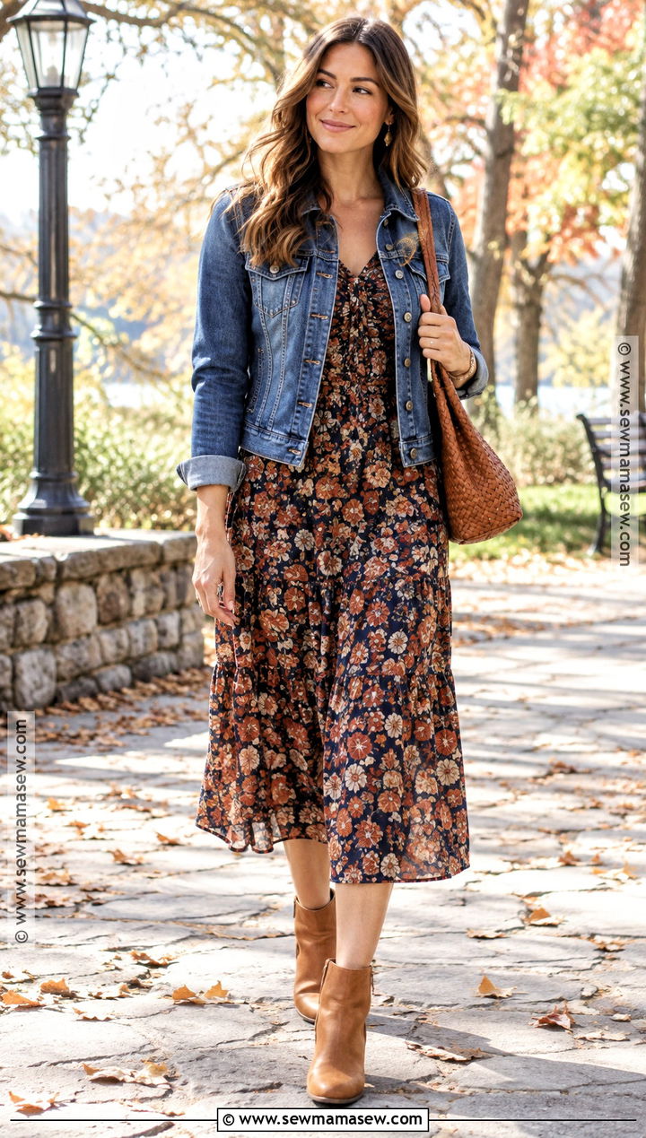 Denim Jacket With Midi Dress Outfit - 30 autumn jacket ideas