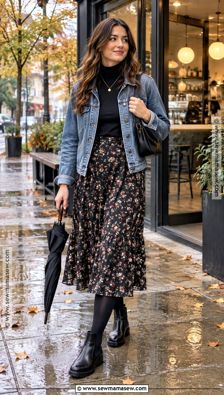 Denim Jacket With Midi Skirt And Rain Boots - 15 Autumn Outfit With Rain Boots