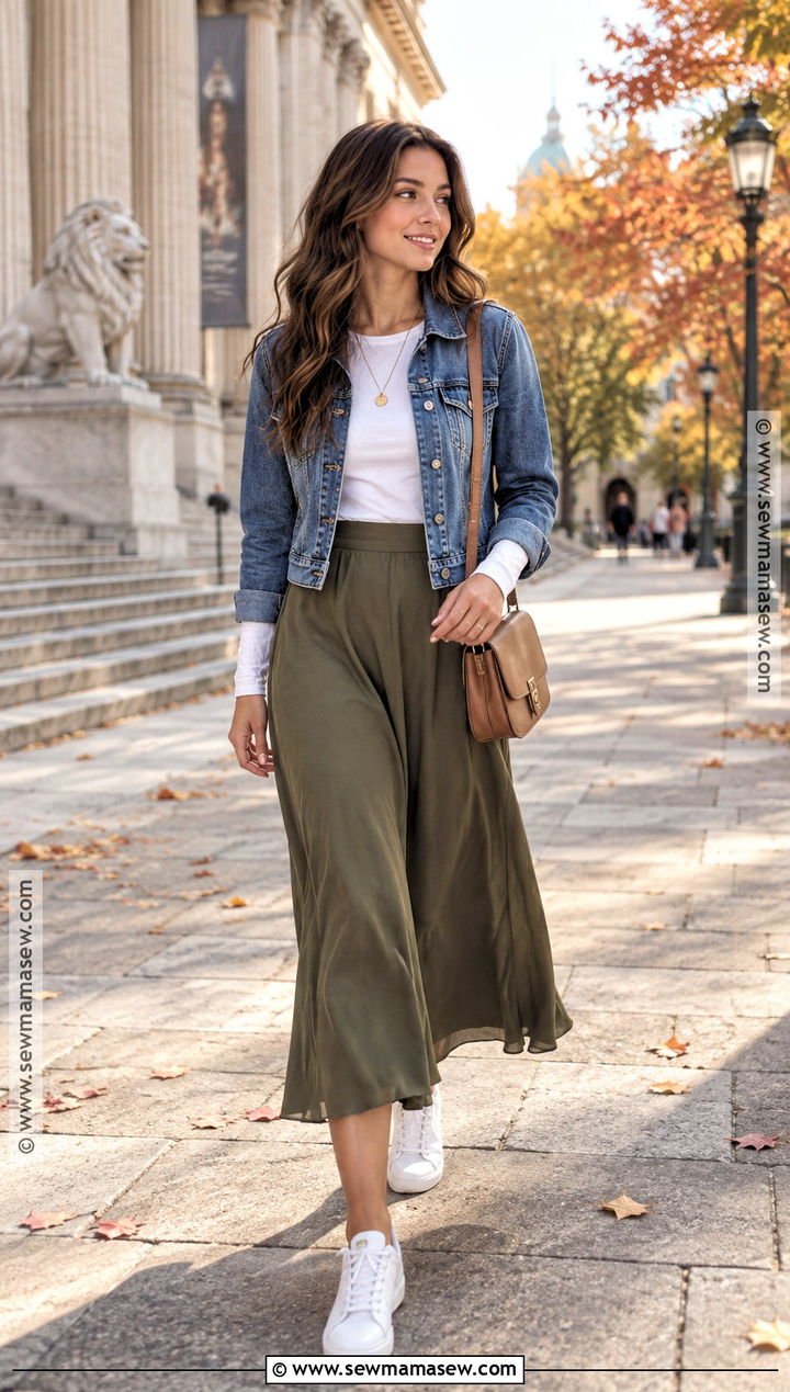 Denim Jacket With Midi Skirt And Sneakers - 25 fall city outfits