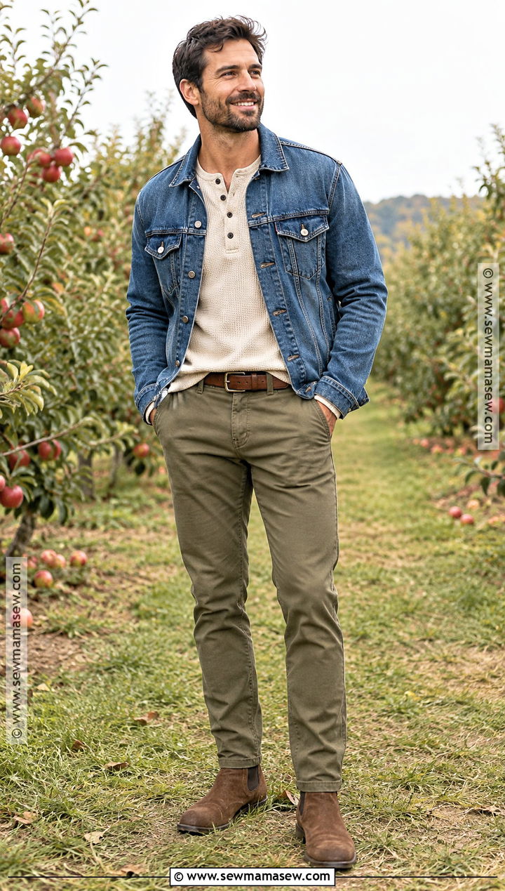 Denim Jacket With Olive Chinos - 15 fall family photo outfits for men