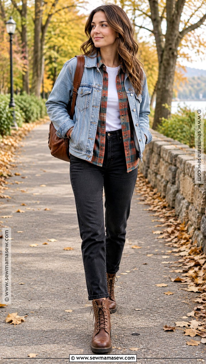 Denim Jacket With Plaid Flannel And Black Jeans - 25 denim jacket outfit fall ideas