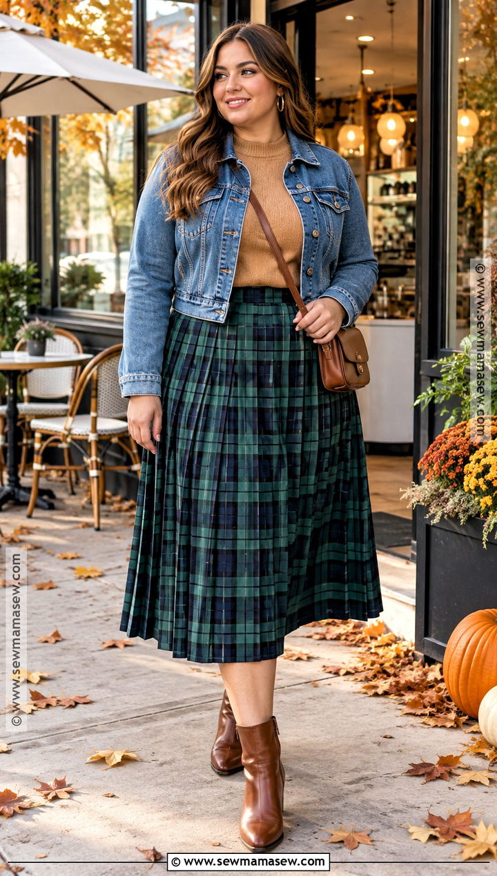 Denim Jacket With Plaid Midi Skirt And Sweater - 25 denim jacket outfit fall ideas