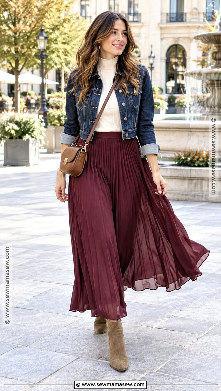 Denim Jacket With Pleated Maxi Skirt - 15 women fall jackets