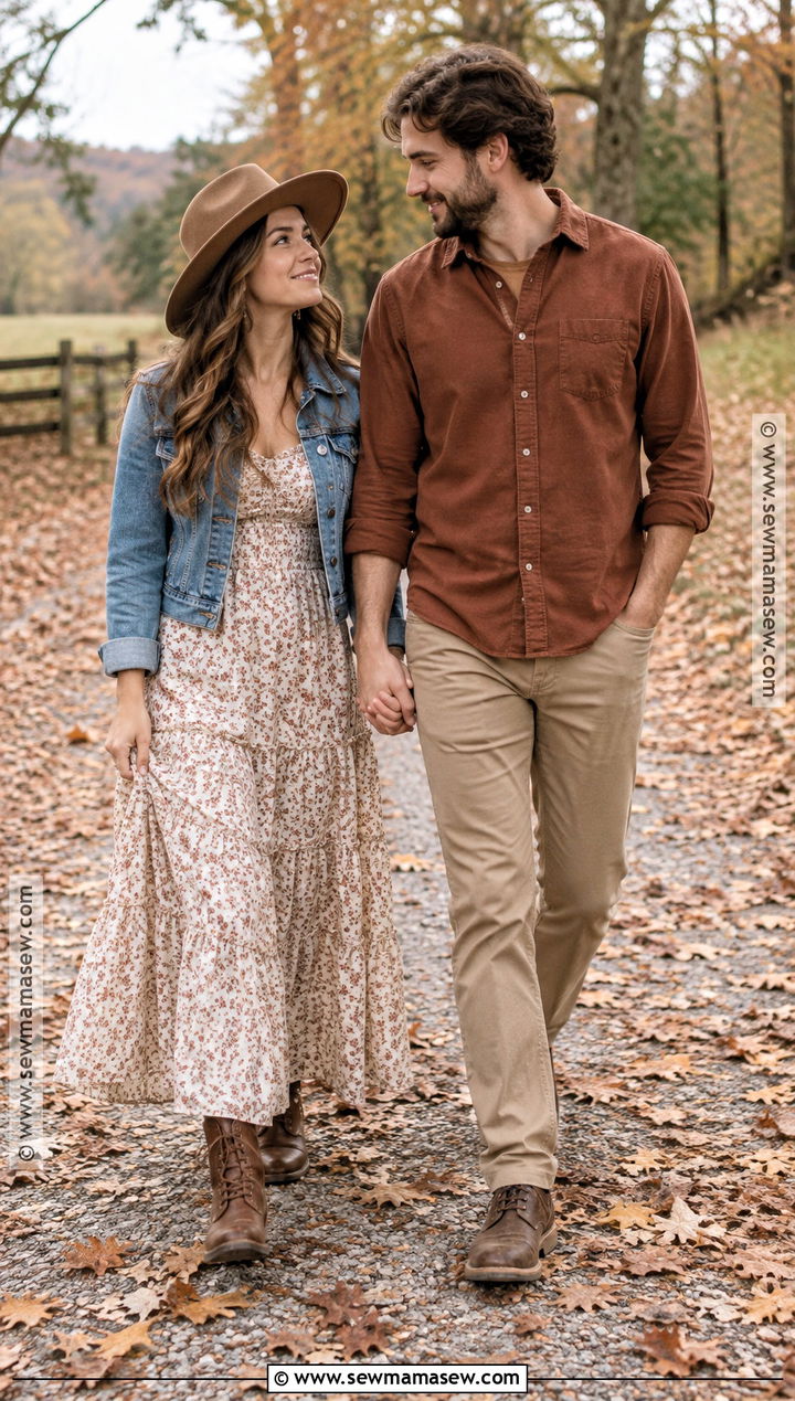 Denim Jacket With Prairie Maxi Dress - 15 boho engagement photos outfits fall