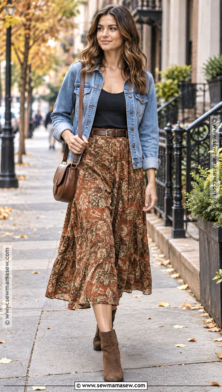 Denim Jacket With Printed Midi Skirt - 20 inverted triangle fall outfits
