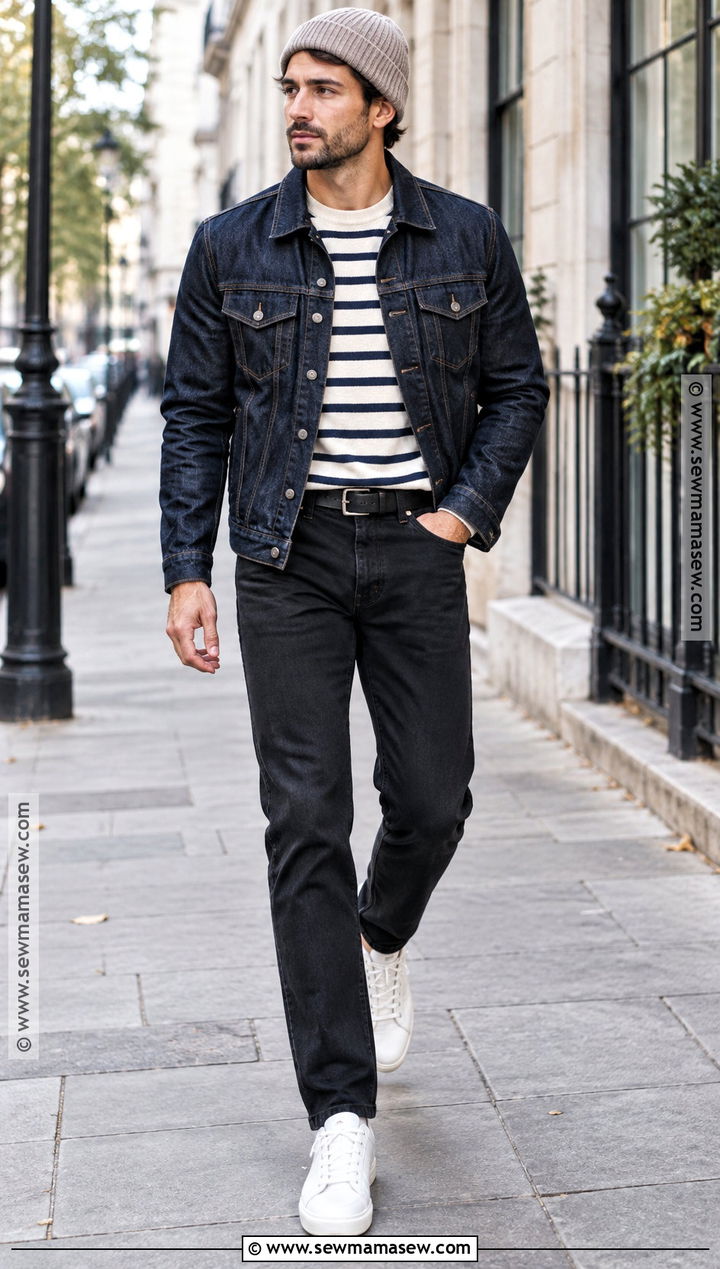 Denim Jacket With Striped Shirt and Black Jeans - 20 Men Autumn Outfit Casual Ideas