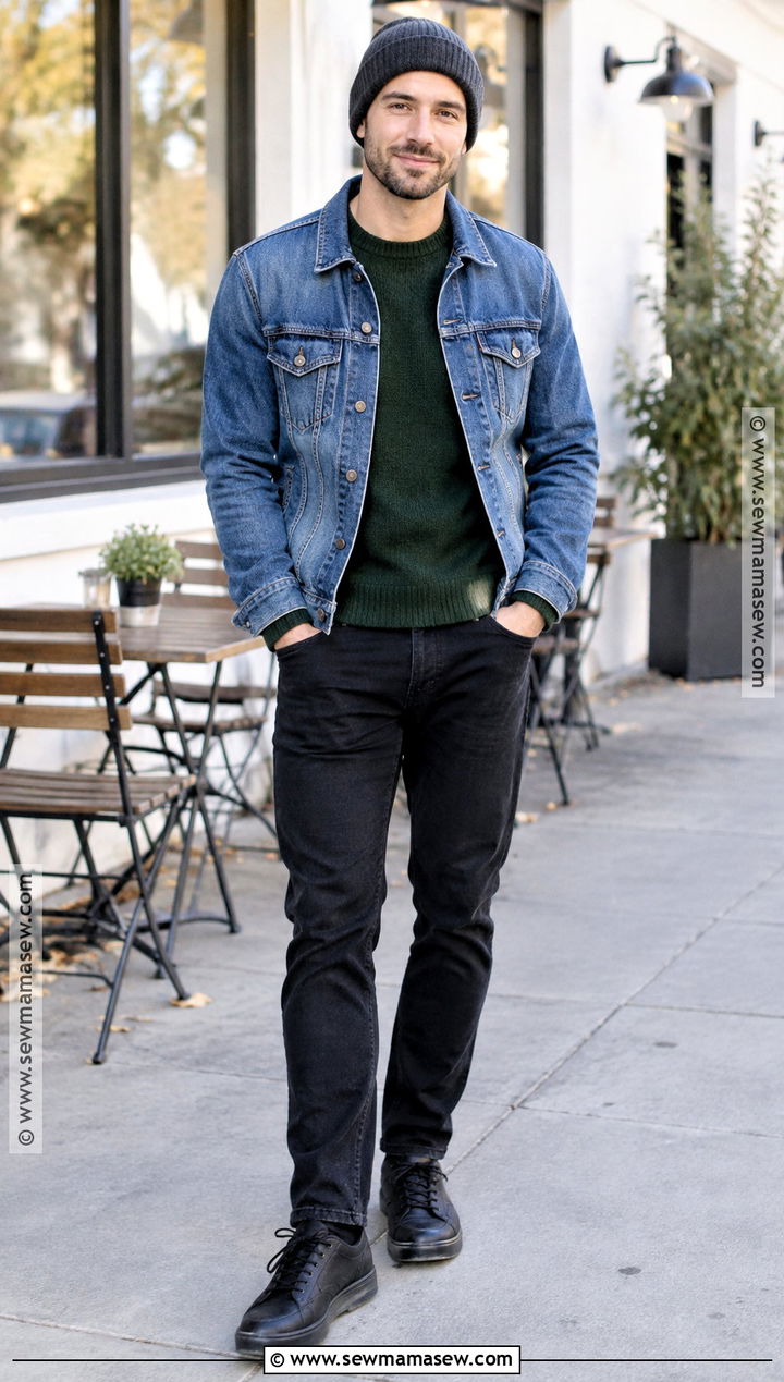 Denim Jacket With Sweater And Black Jeans - 20 Casual Outfits Men Fall