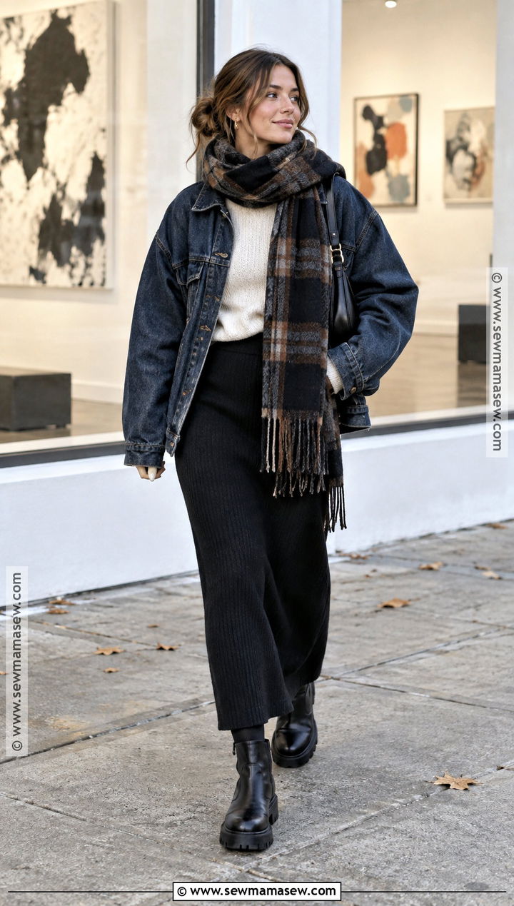 Denim Jacket With Sweater And Black Maxi Skirt - 15 Warm November Outfits