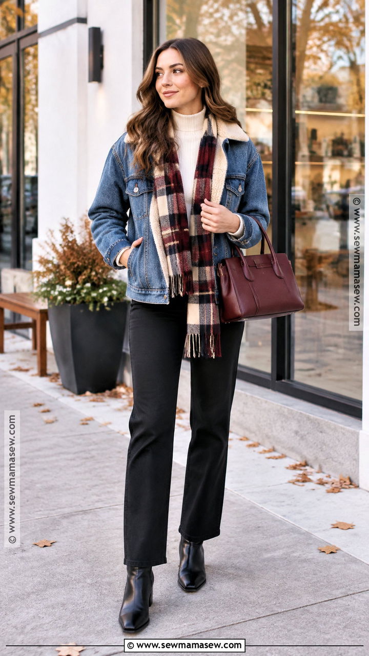 Denim Jacket With Sweater And Black Pants Fall Outfit - 20 Warmer Fall Outfits