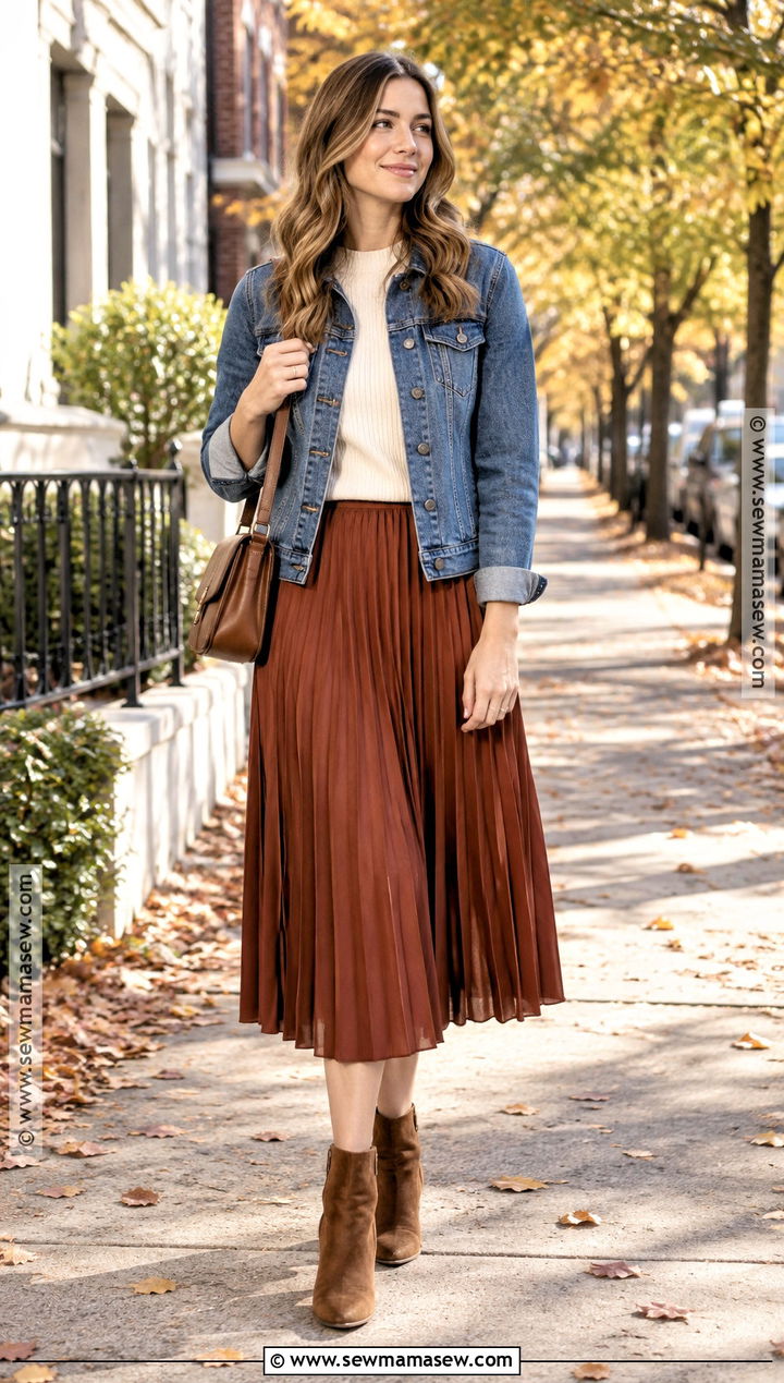 Denim Jacket With Sweater And Midi Skirt - 20 fall denim jacket outfit ideas