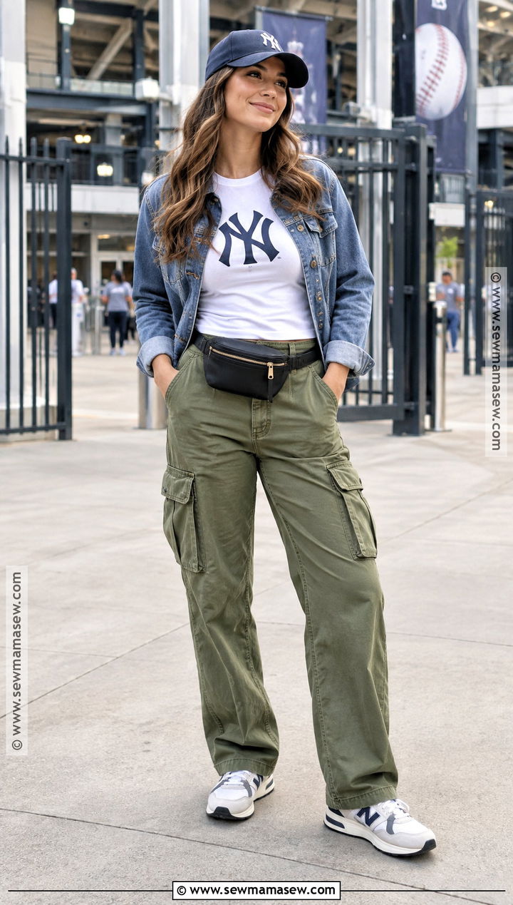 Denim Jacket With Team Tee And Cargo Pants - 20 baseball game outfit fall ideas