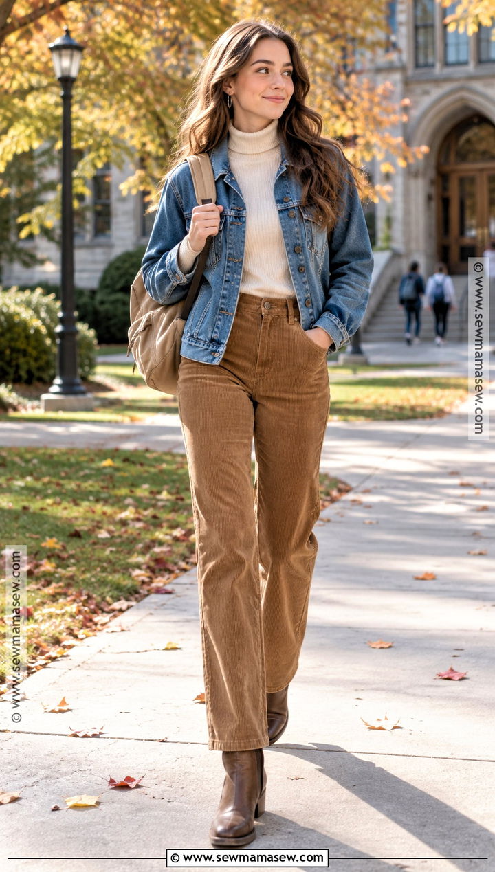 Denim Jacket With Turtleneck And Corduroy Pants - 15 comfy outfits for school fall
